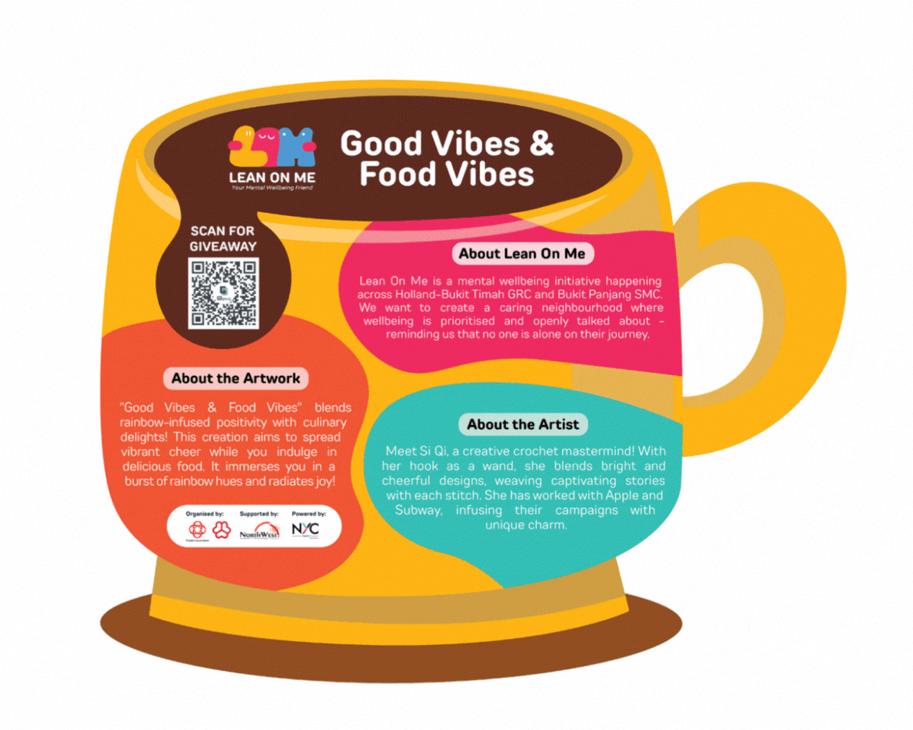 Colourful mug-shaped artwork promoting Lean On Me, a mental wellbeing initiative in Holland-Bukit Timah GRC and Bukit Panjang SMC